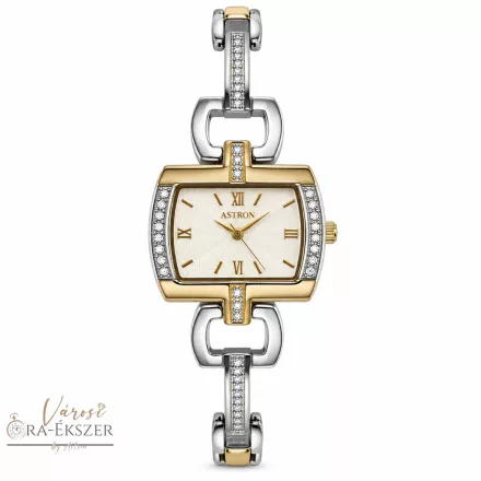 ASTRON 5607-8 női karóra, bicolor színű fém tok és fémcsat, fehér színű számlap, keményített ásványüveg, quartz svájci szerkezet, cseppmentes vízállóság
