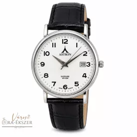   ASTRON 5648-7 férfi karóra, ezüst színű nemesacél tok, fekete bőrszíj, fehér színű számlap, zafír üveg, quartz szerkezet, 50m (5ATM) vízállóság
