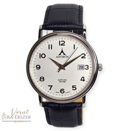 ASTRON 5648-7 férfi karóra, ezüst színű nemesacél tok, fekete bőrszíj, fehér színű számlap, zafír üveg, quartz szerkezet, 50m (5ATM) vízállóság