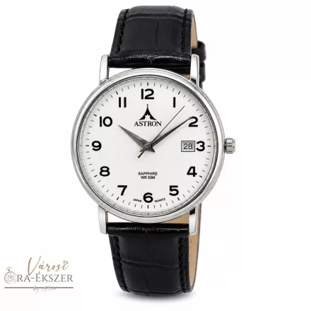 ASTRON 5648-7 férfi karóra, ezüst színű nemesacél tok, fekete bőrszíj, fehér színű számlap, zafír üveg, quartz szerkezet, 50m (5ATM) vízállóság