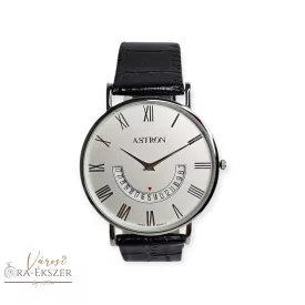   ASTRON 5653-8 férfi karóra, ezüst színű nemesacél tok, fekete bőrszíj, ezüst színű számlap, keményített ásványüveg, quartz szerkezet, cseppmentes vízállóság