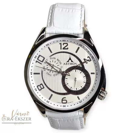 ASTRON 5670-0 férfi karóra, ezüst színű nemesacél tok, fehér bőrszíj, fehér számlap, keményített ásványüveg, quartz szerkezet, 50 m (5 ATM) vízállóság