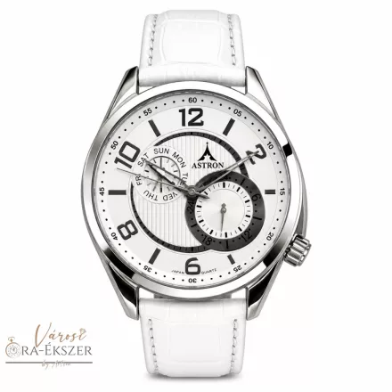 ASTRON 5670-0 férfi karóra, ezüst színű nemesacél tok, fehér bőrszíj, fehér számlap, keményített ásványüveg, quartz szerkezet, 50 m (5 ATM) vízállóság