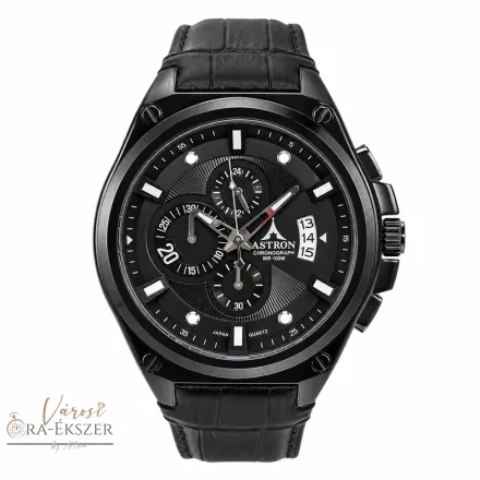 ASTRON 5671-0 férfi karóra, fekete színű nemesacél tok, fekete bőrszíj, fekete színű számlap, keményített ásványüveg, quartz szerkezet, 100 m (10 ATM) vízállóság