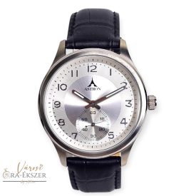   ASTRON 5745-7 férfi karóra, ezüst színű nemesacél tok, fekete bőrszíj, ezüst színű számlap, keményített ásványüveg, quartz szerkezet, 50m (5 ATM)vízállóság