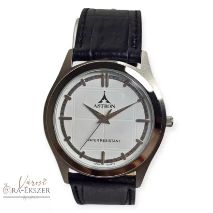 ASTRON 5766-7 férfi karóra, ezüst színű nemesacél tok, fekete bőrszíj, fehér színű számlap, keményített ásványüveg, quartz szerkezet, cseppmentes vízállóság
