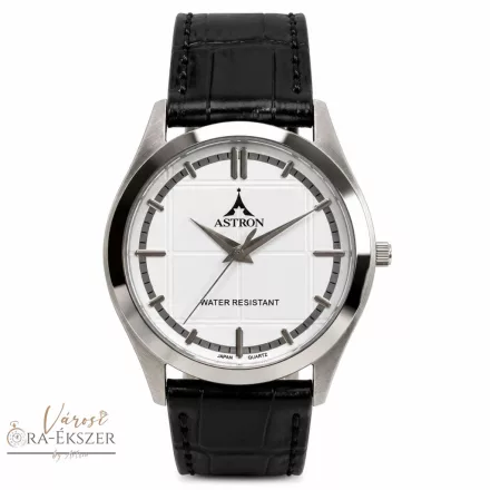 ASTRON 5766-7 férfi karóra, ezüst színű nemesacél tok, fekete bőrszíj, fehér színű számlap, keményített ásványüveg, quartz szerkezet, cseppmentes vízállóság
