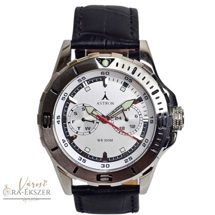 ASTRON 5768-7 férfi karóra, ezüst színű nemesacél tok, fekete bőrszíj, ezüst színű számlap, keményített ásványüveg, quartz szerkezet, 100m (10ATM) vízállóság
