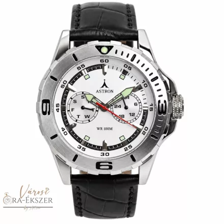 ASTRON 5768-7 férfi karóra, ezüst színű nemesacél tok, fekete bőrszíj, ezüst színű számlap, keményített ásványüveg, quartz szerkezet, 100m (10ATM) vízállóság