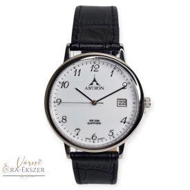   ASTRON 5778-7 férfi karóra, ezüst színű nemesacél tok, fekete bőrszíj, fehér színű számlap, zafír üveg, quartz szerkezet, 50m (5ATM) vízállóság