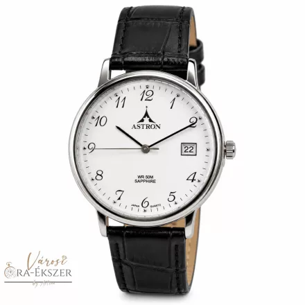 ASTRON 5778-7 férfi karóra, ezüst színű nemesacél tok, fekete bőrszíj, fehér színű számlap, zafír üveg, quartz szerkezet, 50m (5ATM) vízállóság