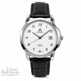   ASTRON 5780-7 férfi karóra, ezüst színű nemesacél tok, fekete bőrszíj, fehér színű számlap, zafír üveg, quartz szerkezet, 50m (5ATM) vízállóság