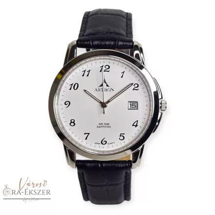 ASTRON 5780-7 férfi karóra, ezüst színű nemesacél tok, fekete bőrszíj, fehér színű számlap, zafír üveg, quartz szerkezet, 50m (5ATM) vízállóság