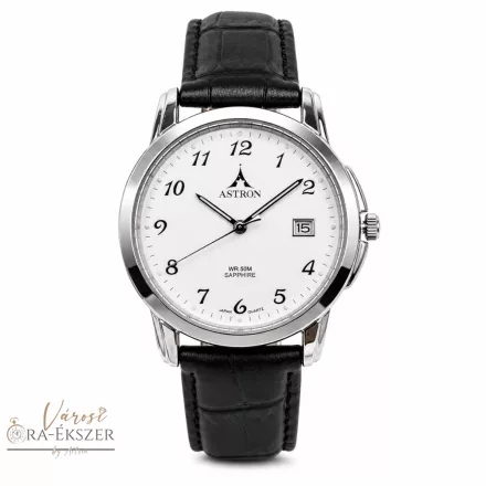 ASTRON 5780-7 férfi karóra, ezüst színű nemesacél tok, fekete bőrszíj, fehér színű számlap, zafír üveg, quartz szerkezet, 50m (5ATM) vízállóság