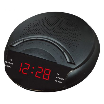 Hálózati asztali óra, fekete tok, piros LED, FM rádió funkcióval