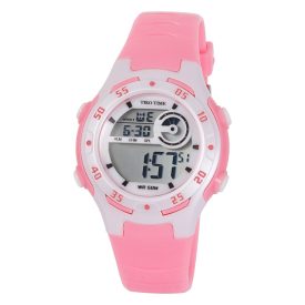   Tiko Time női műanyag karóra, quartz, rózsaszín és fehér színű tok és csat, LCD számlap