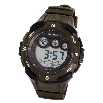 Tiko Time férfi műanyag karóra, quartz, zöld és fekete színű tok és csat, LCD számlap