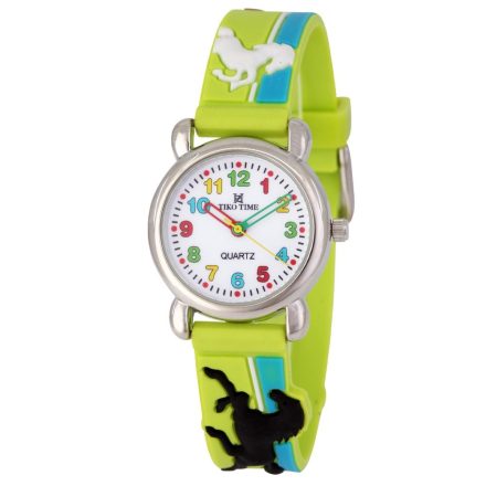 Tiko Time karóra gyerekeknek, quartz, 3D figurás kék és zöld alapon lovacskás szíj
