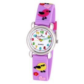   Tiko Time karóra gyerekeknek, ezüst színű fémtok, quartz szerkezet, 3D figurás szíj lila alapon madárkás, cseppmentes vízállóság
