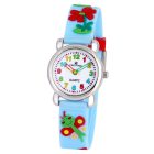 Tiko Time karóra gyerekeknek, ezüst színű fémtok, quartz szerkezet, 3D figurás szíj kék alapon virágok, cseppmentes vízállóság