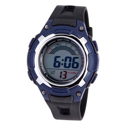 Tiko Time férfi karóra, quartz, kék színű műanyag tok, fekete színű műanyag szíj, LCD számlap, cseppmentes vízmentesség