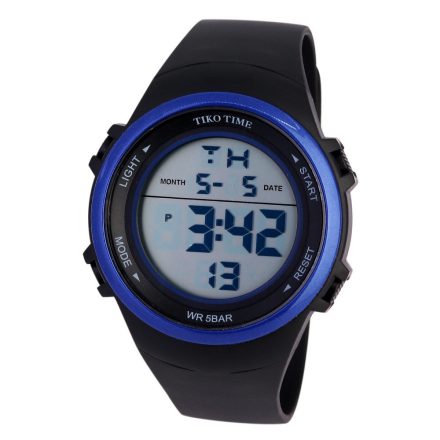 Tiko Time férfi karóra, quartz, kék színű műanyag tok, fekete műanyag szíj, LCD számlap, 50 M vízmentesség (5 ATM)