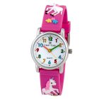Tiko Time karóra gyerekeknek, ezüst színű fémtok, quartz szerkezet, 3D figurás ciklámen színű műanyag szíj, fehér arab számos számlap, cseppmentes vízállóság