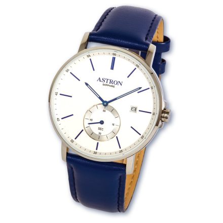 ASTRON 8002-7 elegáns férfi karóra, ezüst színű nemesacél tok, kék bőrszíj, fehér számlap, zafírüveg, quartz szerkezet, cseppmentes vízállóság