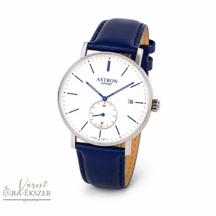 ASTRON 8002-7 férfi karóra, ezüst színű nemesacél tok, kék bőrszíj, fehér színű számlap, keményített ásványüveg, quartz szerkezet, cseppmentes vízállóság