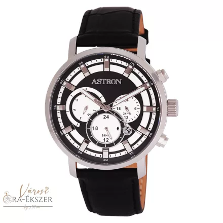 ASTRON 8010-1 divatos sportos férfi karóra, ezüst színű nemesacél tok, fekete bőrszíj, fekete számlap, keményített ásványüveg, multifunkciós quartz szerkezet, 50 m (5 ATM) vízállóság
