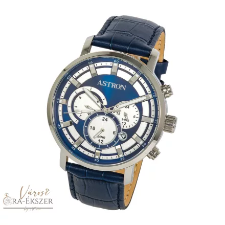 ASTRON 8010-2 divatos sportos férfi karóra, ezüst színű nemesacél tok, kék bőrszíj, kék számlap, keményített ásványüveg, multifunkciós quartz szerkezet, 50 m (5 ATM) vízállóság