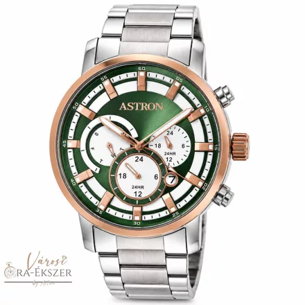 ASTRON 8011-3 sportos férfi karóra, ezüst és rózsaarany színű nemesacél tok, ezüst színű nemesacél csat, zöld számlap, keményített ásványüveg, multifunkciós quartz szerkezet, 50 m (5 ATM) vízállóság