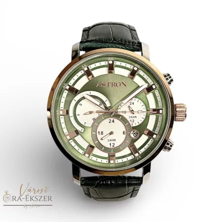 ASTRON 8011-5 sportos férfi karóra, ezüst és rózsaarany színű nemesacél tok, zöld színű bőrszíj, zöld számlap, keményített ásványüveg, multifunkciós quartz szerkezet, 50 m (5 ATM) vízállóság