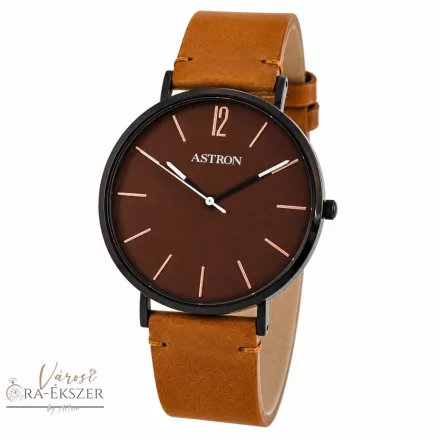 ASTRON 8014-5 férfi karóra, fekete színű nemesacél tok, barna bőrszíj, barna színű számlap, keményített ásványüveg, quartz szerkezet, cseppmentes vízállóság