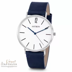   ASTRON 8014-7 férfi karóra, ezüst színű nemesacél tok, kék bőrszíj, fehér színű számlap, keményített ásványüveg, quartz szerkezet, cseppmentes vízállóság