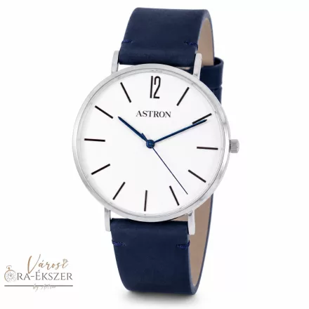 ASTRON 8014-7 férfi karóra, ezüst színű nemesacél tok, kék bőrszíj, fehér színű számlap, keményített ásványüveg, quartz szerkezet, cseppmentes vízállóság
