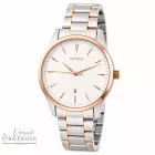 ASTRON 8019-0 elegáns férfi karóra, bicolor (rózsaarany és ezüst) nemesacél tok, bicolor nemesacél csat, fehér számlap, keményített ásványüveg, quartz szerkezet, cseppmentes vízállóság