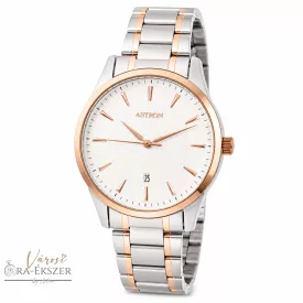   ASTRON 8019-0 elegáns férfi karóra, bicolor (rózsaarany és ezüst) nemesacél tok, bicolor nemesacél csat, fehér számlap, keményített ásványüveg, quartz szerkezet, cseppmentes vízállóság