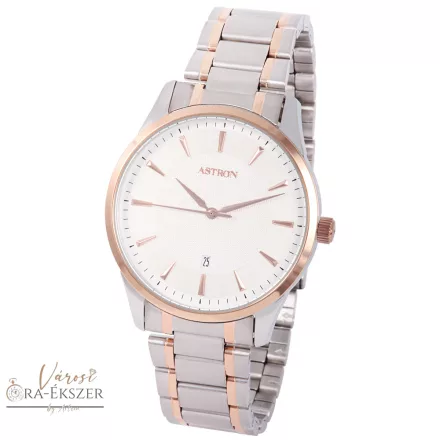 ASTRON 8019-0 elegáns férfi karóra, bicolor (rózsaarany és ezüst) nemesacél tok, bicolor nemesacél csat, fehér számlap, keményített ásványüveg, quartz szerkezet, cseppmentes vízállóság