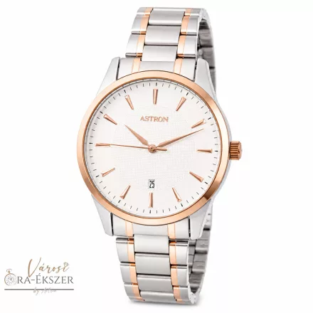 ASTRON 8019-0 elegáns férfi karóra, bicolor (rózsaarany és ezüst) nemesacél tok, bicolor nemesacél csat, fehér számlap, keményített ásványüveg, quartz szerkezet, cseppmentes vízállóság