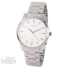 ASTRON 8019-7 elegáns férfi karóra, ezüst színű nemesacél tok, ezüst színű nemesacél csat, fehér számlap, keményített ásványüveg, quartz szerkezet, cseppmentes vízállóság