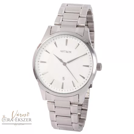 ASTRON 8019-7 elegáns férfi karóra, ezüst színű nemesacél tok, ezüst színű nemesacél csat, fehér számlap, keményített ásványüveg, quartz szerkezet, cseppmentes vízállóság