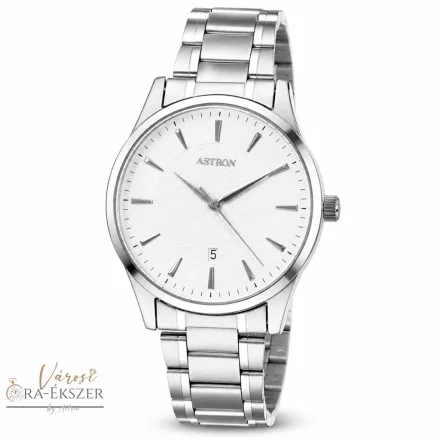 ASTRON 8019-7 elegáns férfi karóra, ezüst színű nemesacél tok, ezüst színű nemesacél csat, fehér számlap, keményített ásványüveg, quartz szerkezet, cseppmentes vízállóság
