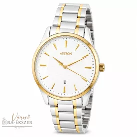   ASTRON 8019-8 elegáns férfi karóra, bicolor (arany és ezüst) nemesacél tok, bicolor nemesacél csat, fehér számlap, keményített ásványüveg, quartz szerkezet, cseppmentes vízállóság