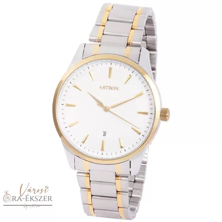 ASTRON 8019-8 elegáns férfi karóra, bicolor (arany és ezüst) nemesacél tok, bicolor nemesacél csat, fehér számlap, keményített ásványüveg, quartz szerkezet, cseppmentes vízállóság