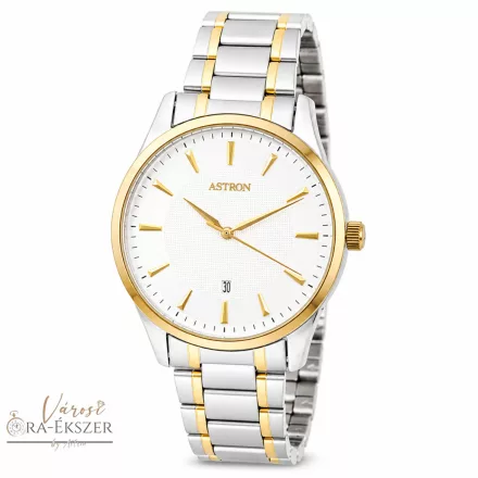 ASTRON 8019-8 elegáns férfi karóra, bicolor (arany és ezüst) nemesacél tok, bicolor nemesacél csat, fehér számlap, keményített ásványüveg, quartz szerkezet, cseppmentes vízállóság