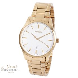   ASTRON 8019-9 elegáns férfi karóra, arany színű nemesacél tok, arany színű nemesacél csat, fehér számlap, keményített ásványüveg, quartz szerkezet, cseppmentes vízállóság