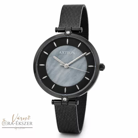 ASTRON 8022-1 női karóra, ékszeróra, fekete színű nemesacél tok, fekete nemesacél csat, gyöngyház színű számlap, keményített ásványüveg, quartz szerkezet, cseppmentes vízállóság