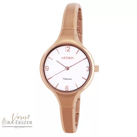 ASTRON 8023-0 női karóra, ékszeróra, rózsaarany színű titánium tok, rózsaarany színű titánium csat, fehér számlap, keményített ásványüveg, quartz szerkezet, cseppmentes vízállóság