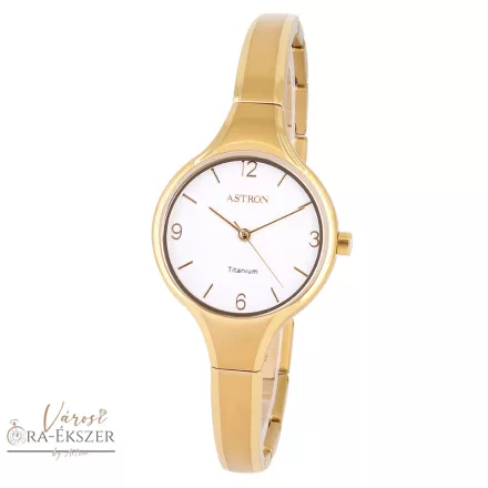 ASTRON 8023-8 női karóra, ékszeróra, arany színű titánium tok, arany színű titánium csat, fehér színű számlap, keményített ásványüveg, quartz szerkezet, cseppmentes vízállóság